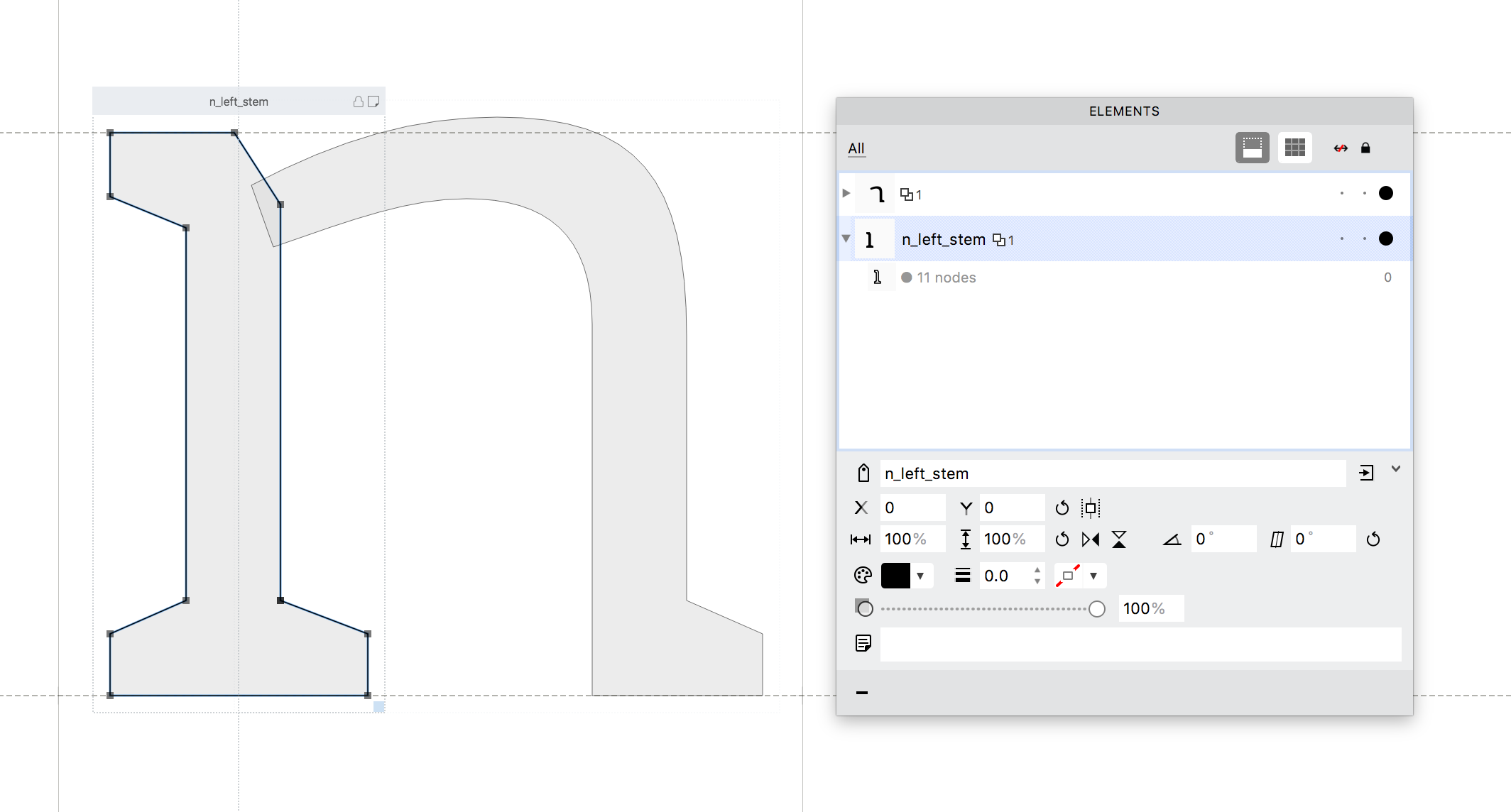 Elements panel showing elements in the glyph `n`