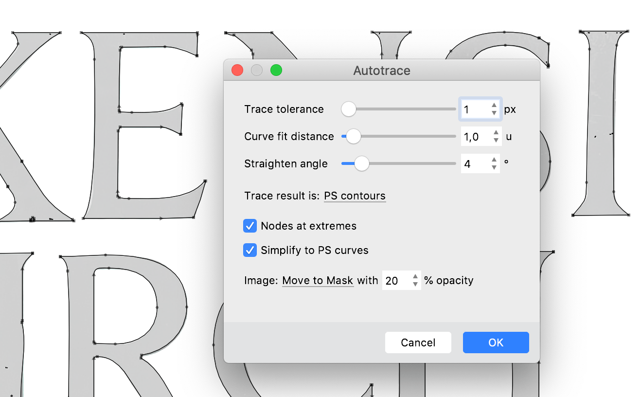 Autotrace dialog with instant preview