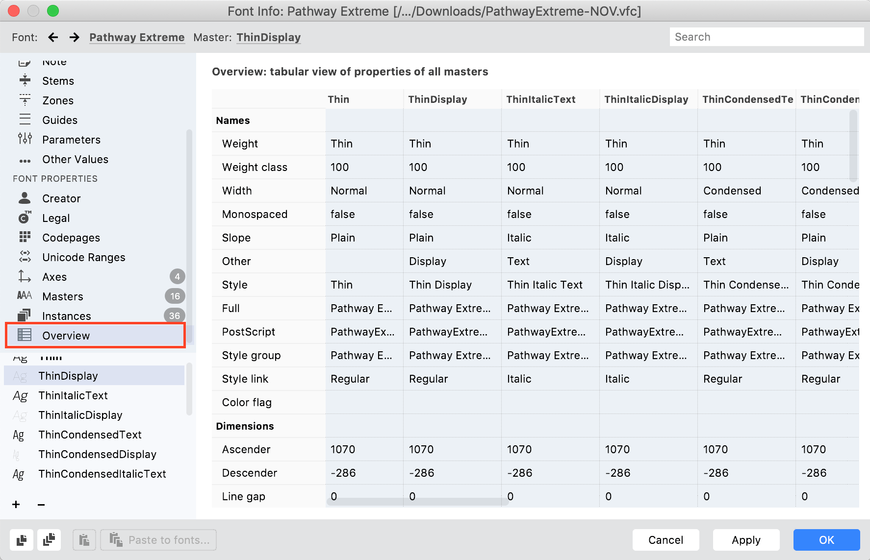 Copy-paste and edit Font Info in Overview page
