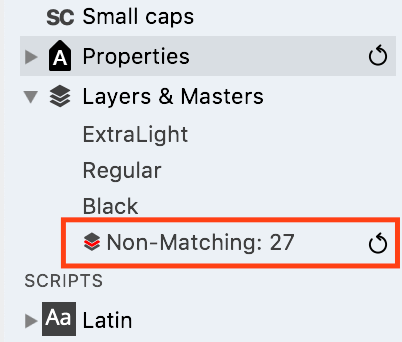 Properties lets you filter Font window for glyphs with non-matching masters