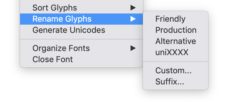 Flexible glyph renaming