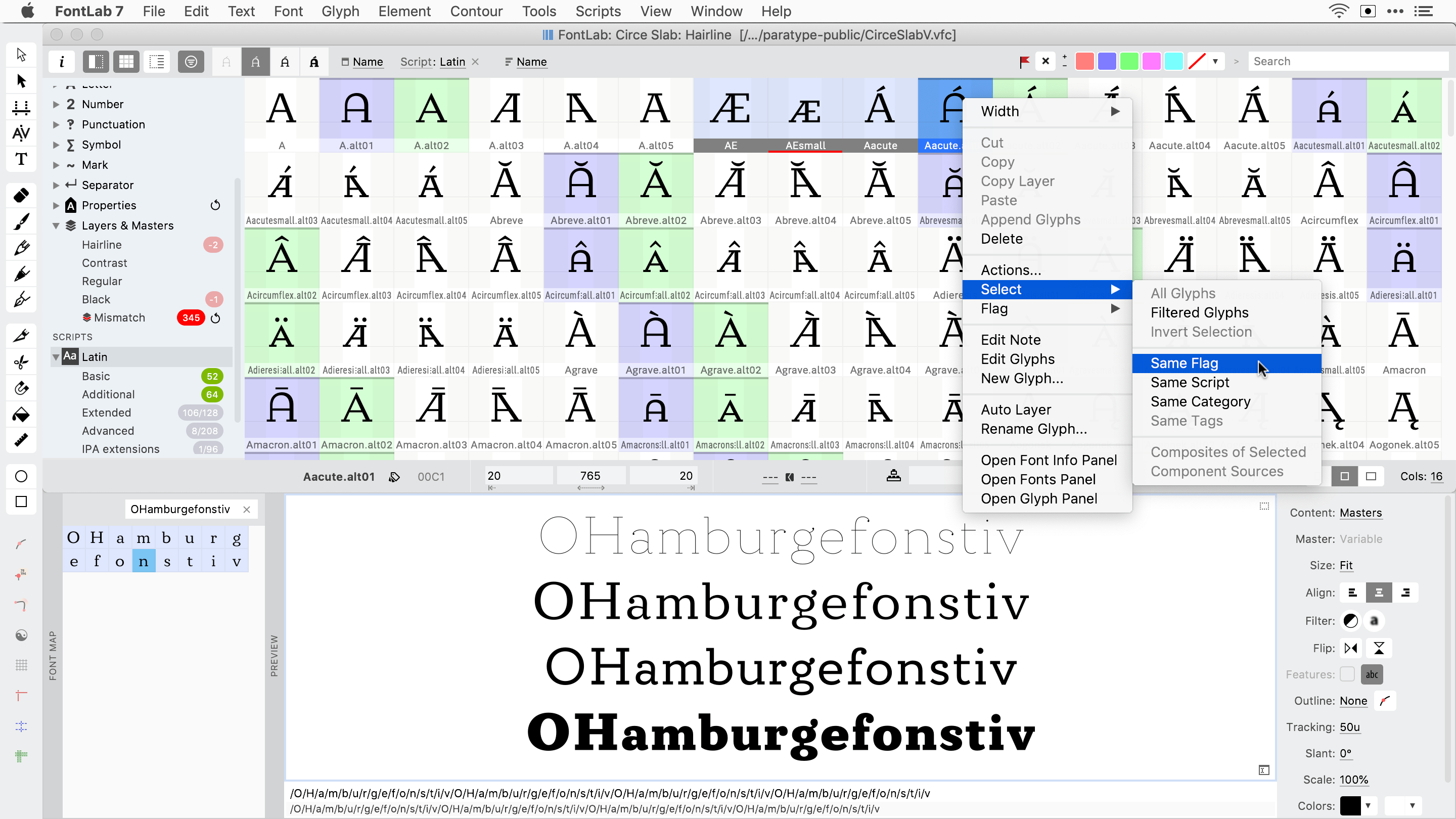 FontLab 7.1.1: Multiple masters in Preview panel, Font window selection, Layers totals
