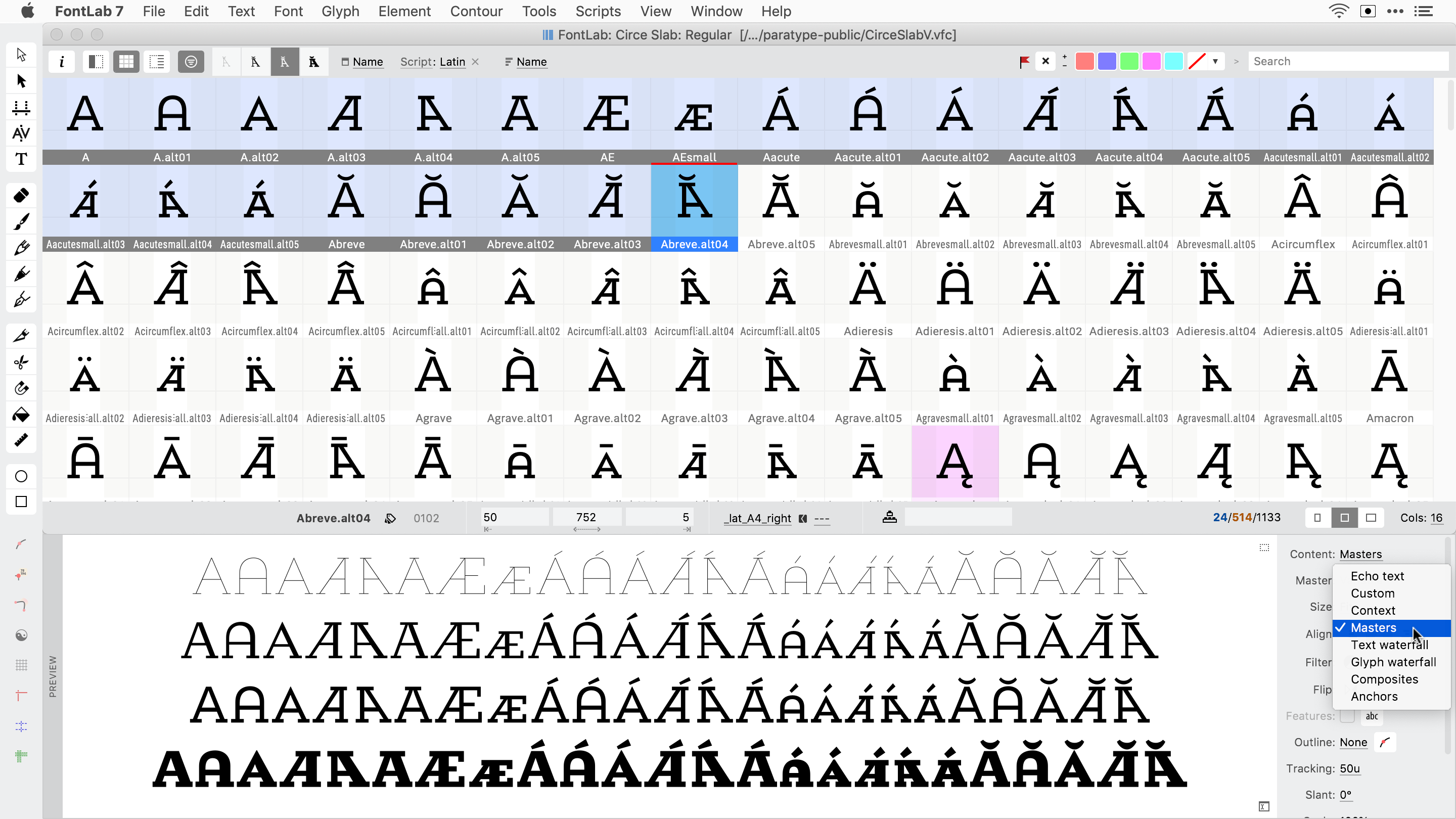 Preview panel ==Content > Masters==, many glyph cells in Font window