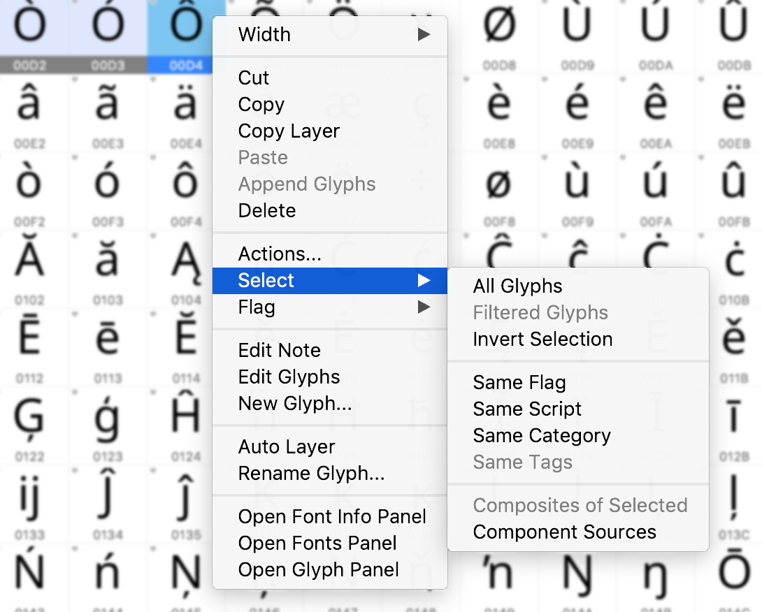 Quickly select related glyphs in Font window